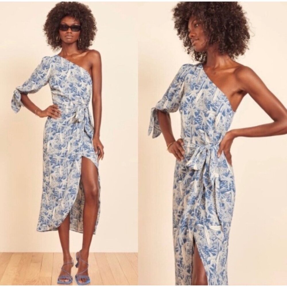 Reformation Blue White Surf Board Palm Hawaiian Wrap One Shoulder Midi Sun Dress